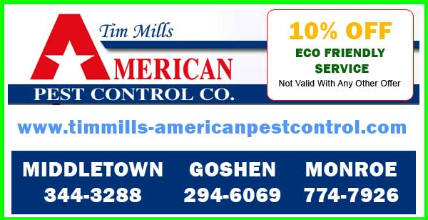 Save 10% Off Eco Friendly Service with Tim Mills- American Pest Control Save 10% Off Eco Friendly Service. Pest Control, Exterminator, Pest management in Orange County NY region from American Pest Control. Locations in Middletown NY, Goshen NY, Monroe NY