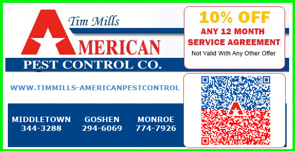 10% Off Any 12 month Service Agreement with tim Mills -American Pest Control 10% Off Any 12 month Service Agreement- Pest Control, Exterminator, Pest management in Orange County NY region from American Pest Control. Locations in Middletown NY, Goshen NY, Monroe NY